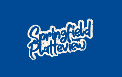 The words Springfield The word Springfield platteview in white on a blue background